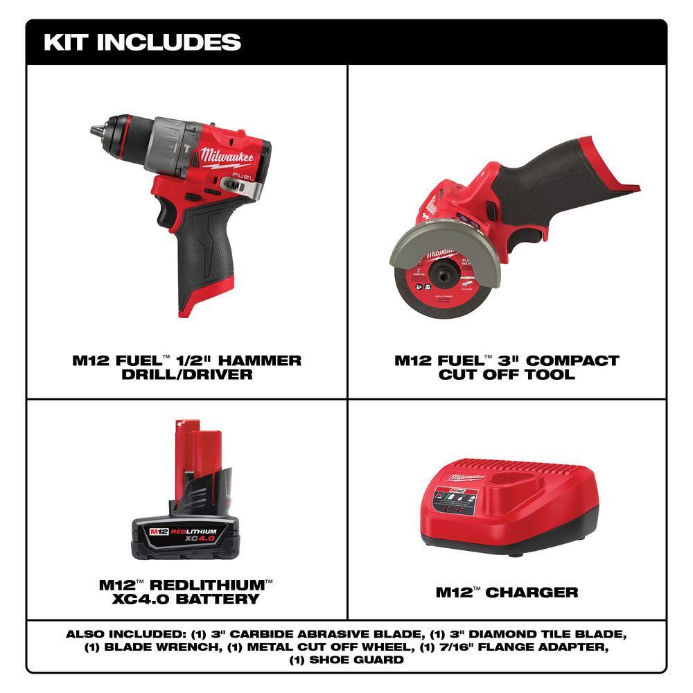 Milwaukee M12 FUEL 12-Volt Lithium-Ion Brushless Cordless 1/2 in. Hammer Drill & M12 FUEL 3 in. Cut Off Saw with Battery & Charger