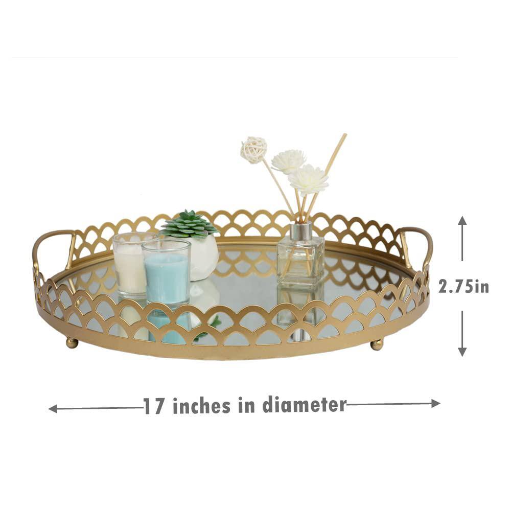 None Gold Mirror Decorative Tray, Large Vanity Tray with Handle, Metal Round Glass Tray for Bathroom, Dresser, Storage