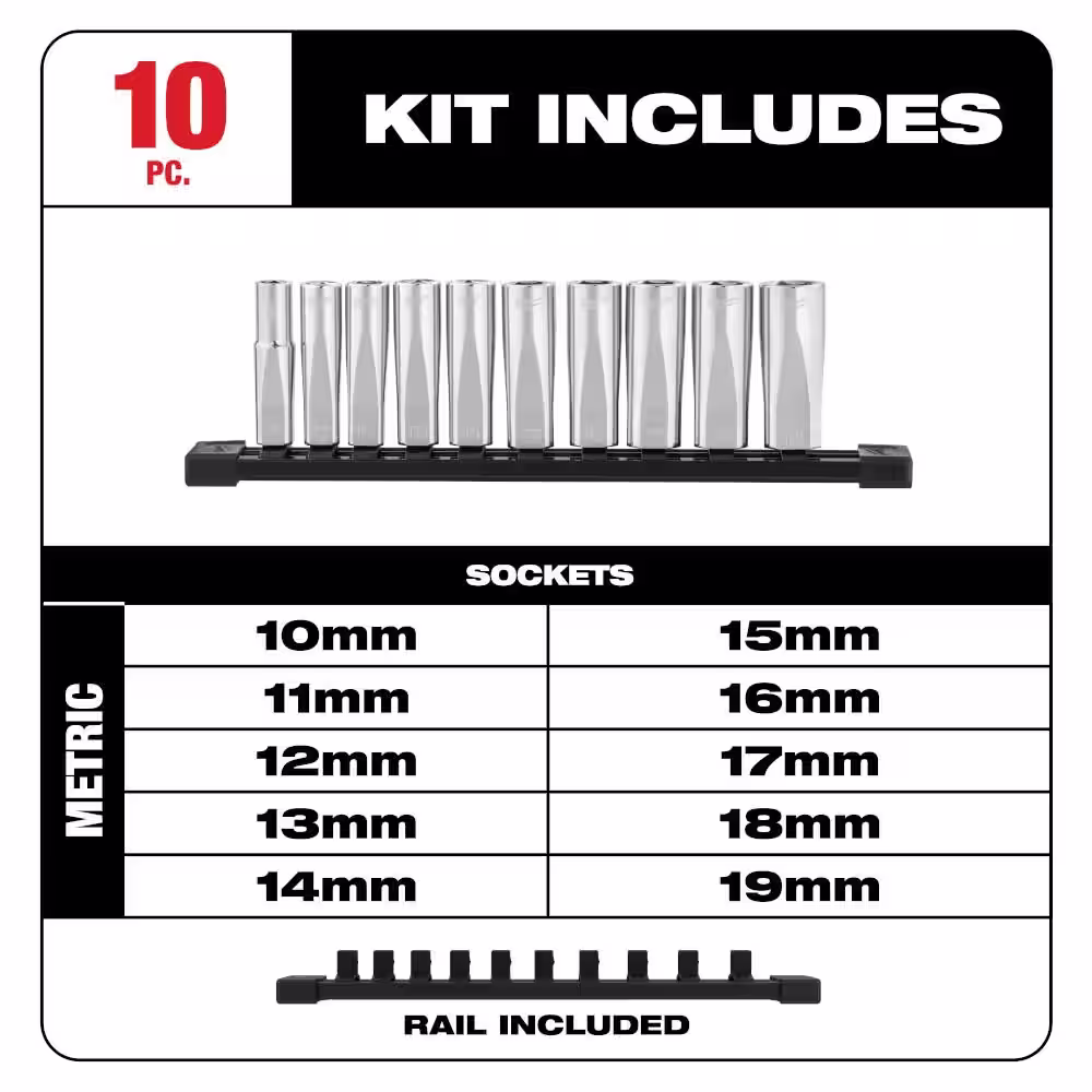 Milwaukee 3/8 in. Drive Metric Deep Well 6-Point Socket Set and 3/8 in. Drive Ratchet (11-Piece)