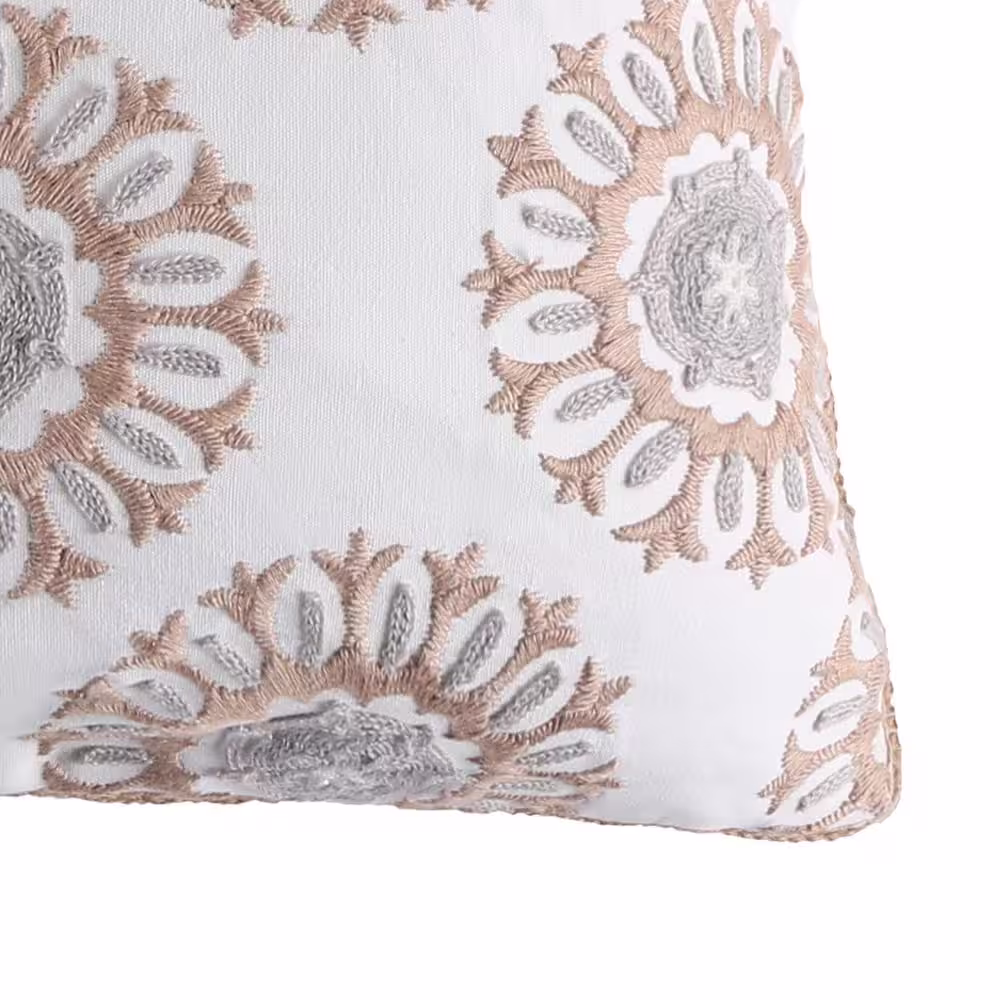 None Nacala Taupe, Grey and White Emroidered Medallions 18 in. x 18 in. Throw Pillow