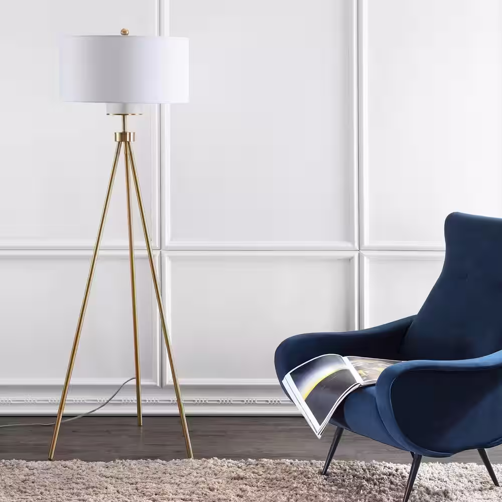 SAFAVIEH Enrica 66 in. Brass/Gold Triangle Floor Lamp with Off-White Shade