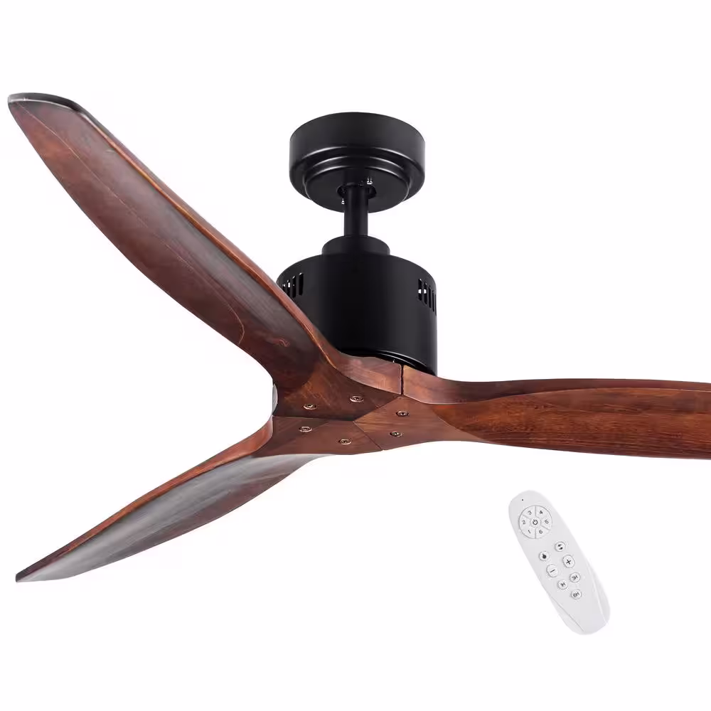 None 52 in. Solid Wood Ceiling Fan Black with 3-Blades without Light, DC Reversible Motor by Remote Control