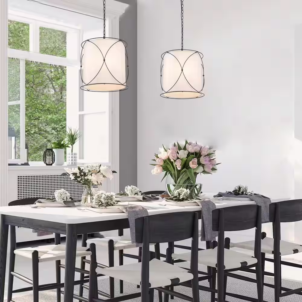 Uolfin Modern Drum Island Chandelier Pendant Light Kagome 3-Light Matte Black Cage Chandelier Light with Fabric Shade