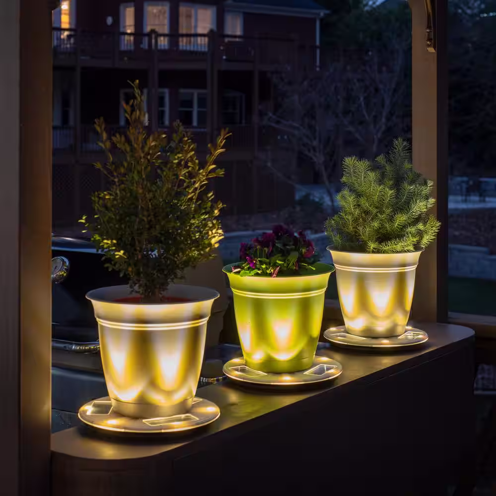 GAMA SONIC 10.5 in. Outdoor Planter Pot Base Stand With Solar Uplight Accent for Deck Pathway Patio and Walkway