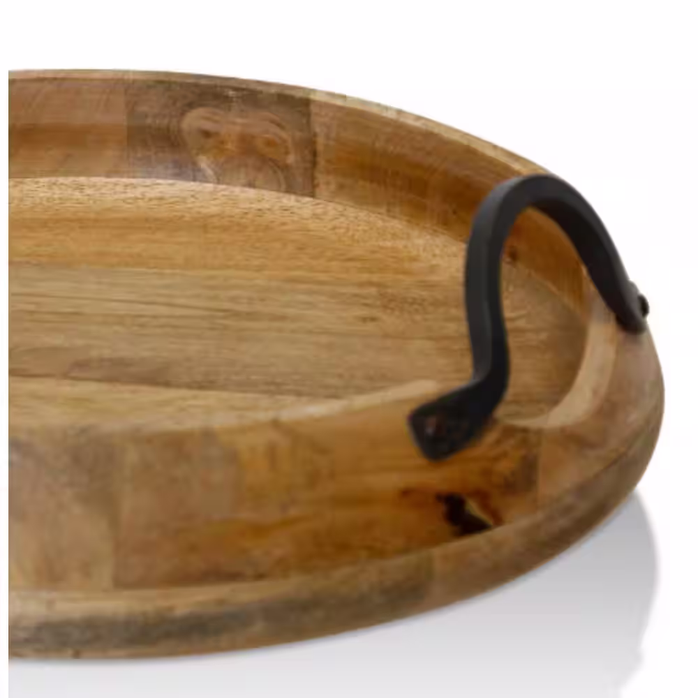 None Larkspur Natural Wood Decorative Tray with Black Handles