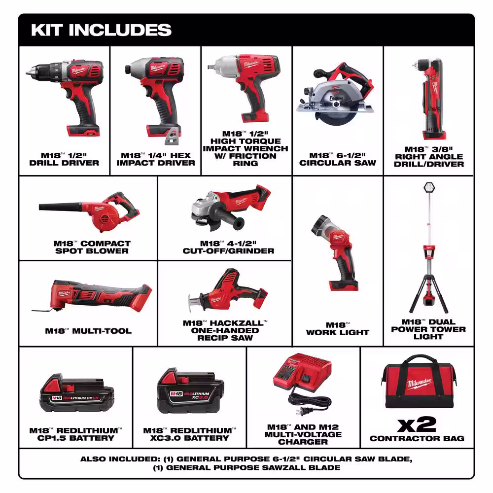 Milwaukee M18 18V Lithium-Ion Cordless Combo Kit (10-Tool) with (2) Batteries, Charger, (2) Tool Bags & M18 Dual Power Tower Light