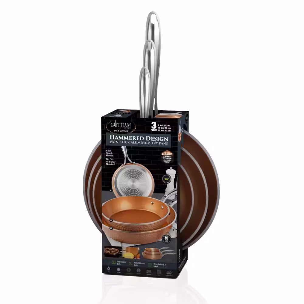 Gotham Steel Hammered Copper 3-Piece Aluminum Ti-Ceramic Nonstick Frying Pan Set (8 in., 10 in., and 12 in.)