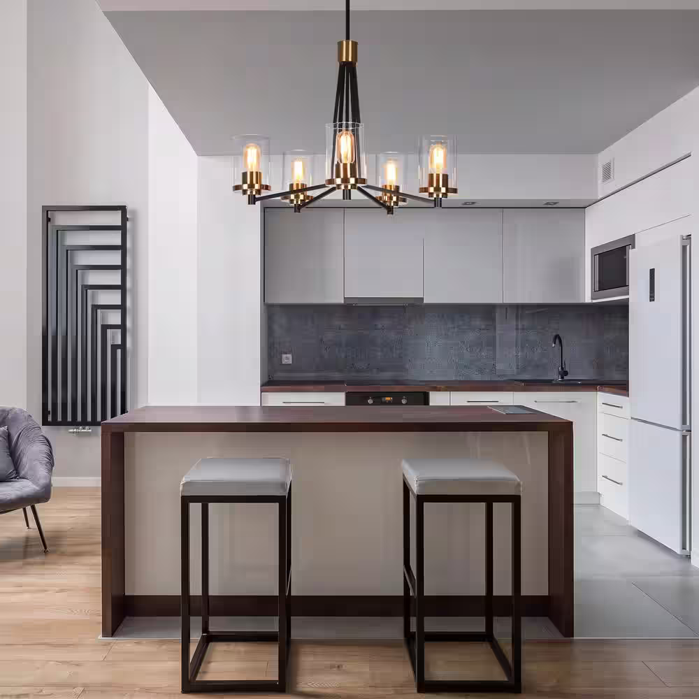 None 5-Light Modern Brass Gold Round Chandelier Lighting, Clear Glass Pendant Light Black Hanging Light