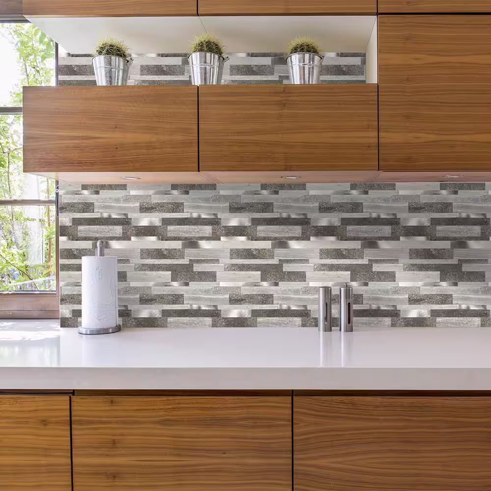 MURELLA Dark Stone Brushed Silver 11.70 in. x 11.93 in. Metal Peel and Stick Backsplash Tile (1 sq. ft./pack)
