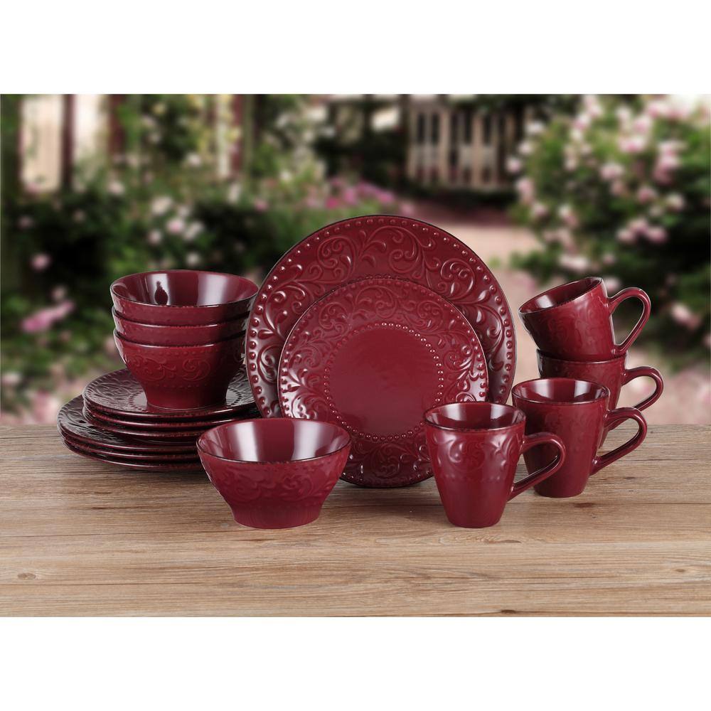 Lorren Home Trends 16-Piece Lorren Home Stoneware Scroll Dinnerware Set-Merlot