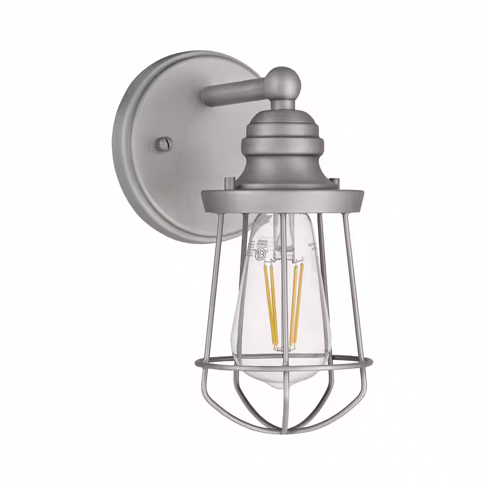 Hampton Bay Southbourne 1-Light Antique Nickel Wall Sconce with Open Steel Cage Frame