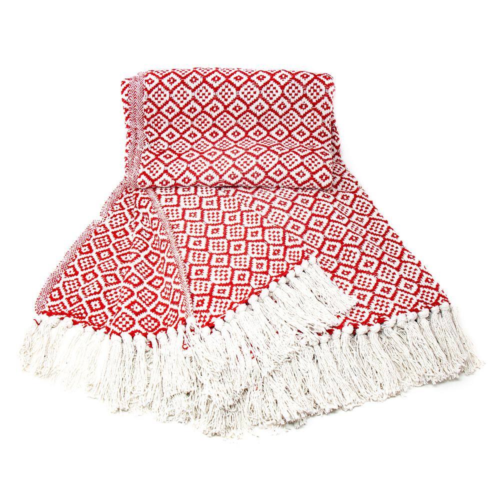 None Red and White Recycled Cotton Decorative Throw Blanket with Tassels