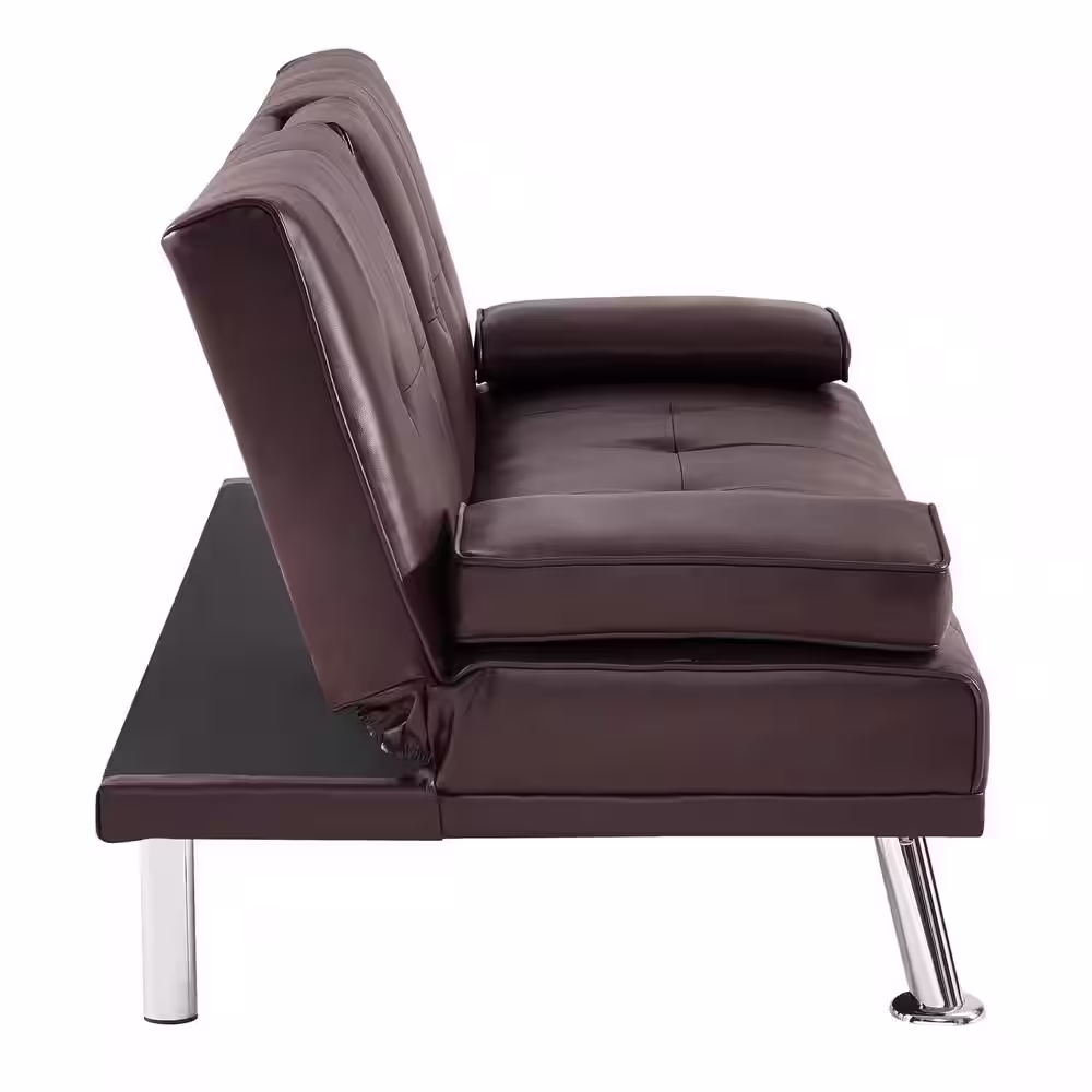 MAYKOOSH Espresso, Futon Sofa Bed Faux Leather Futon Couch with Armrest and 2-Cupholders, Sofa Couch Convertible with Metal Legs