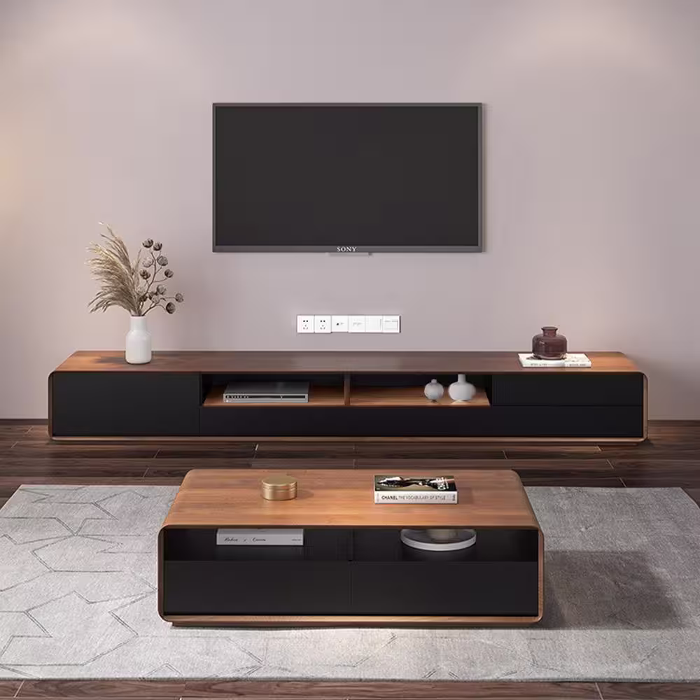 J&E Home 94.5 in. Modern Wood Brown TV Stand Fully-assembled with 4-Drawers Fits TV's up to 100 in.