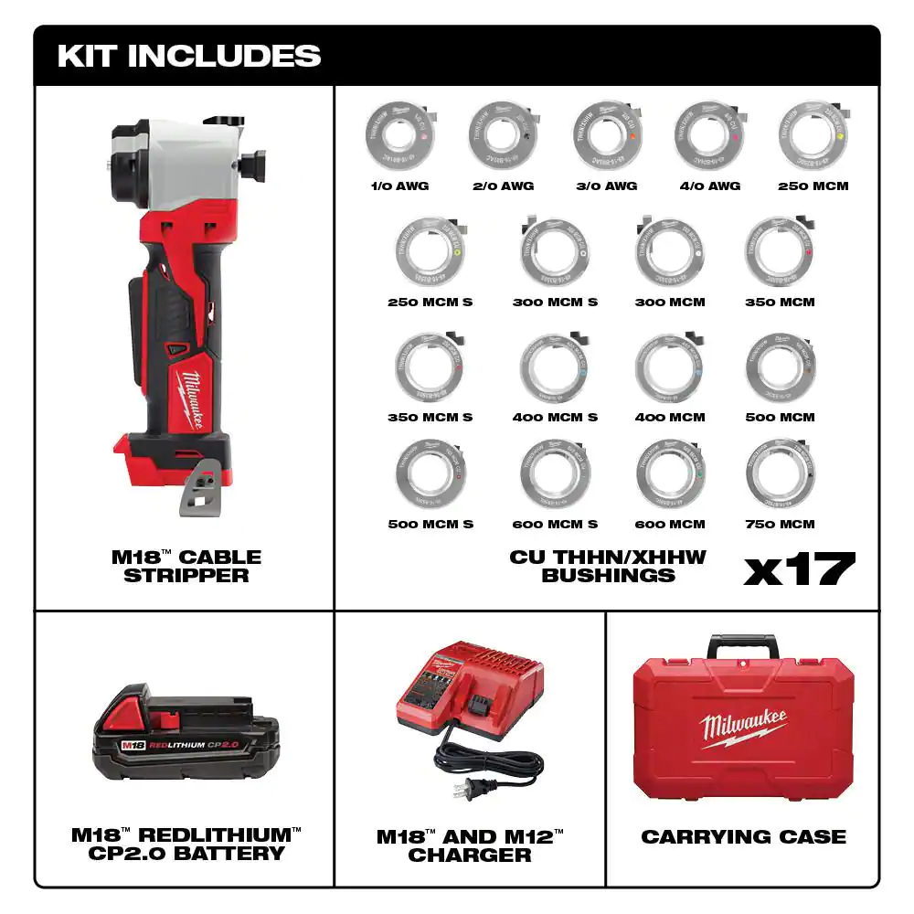 Milwaukee M18 18V Lithium-Ion Cordless Cable Stripper Kit for Cu THHN/XHHW Wire Cutting with (17) Bushings