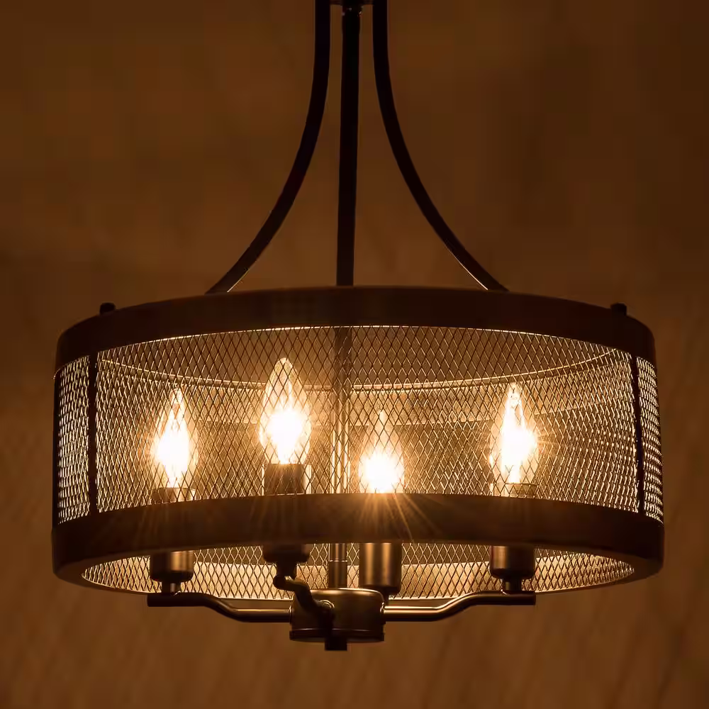 None 4-Light Black Farmhouse Chandelier, Rustic Candle Ceiling Hanging Light Fixture with Round Metal Shade for Dining Room