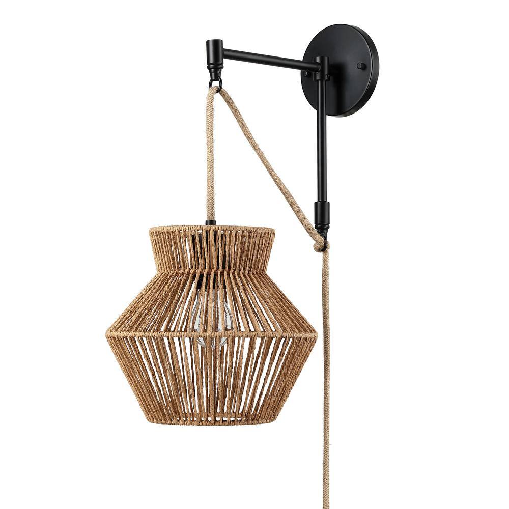 Nathan James Ariel 10 in. W 1-Light Bohemian Plug-in Wall Sconce, Bedside Reading Lamp with Seagrass Shade, and Woven Rope Accent