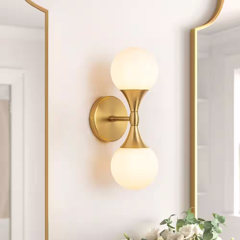RRTYO North 6.4 in. 2-Light Gold Bubble Modern Up and Down Wall Sconce with Opal Glass Globe Shade