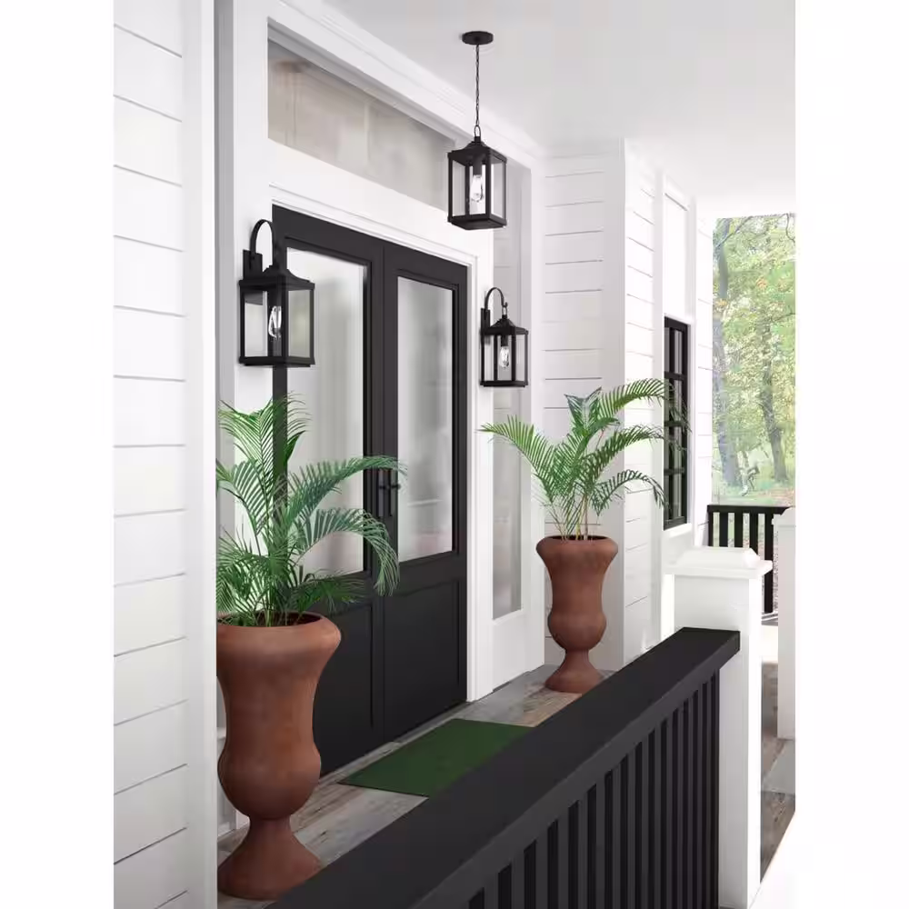 Progress Lighting Park Court 19 in. 1-Light Textured Black Traditional Outdoor Wall Lantern with Clear Seeded Glass