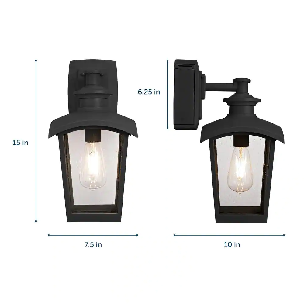 Home Luminaire 1-Light Black Outdoor Wall Coach Light Sconce with Seeded Glass and Built-In GFCI Outlets
