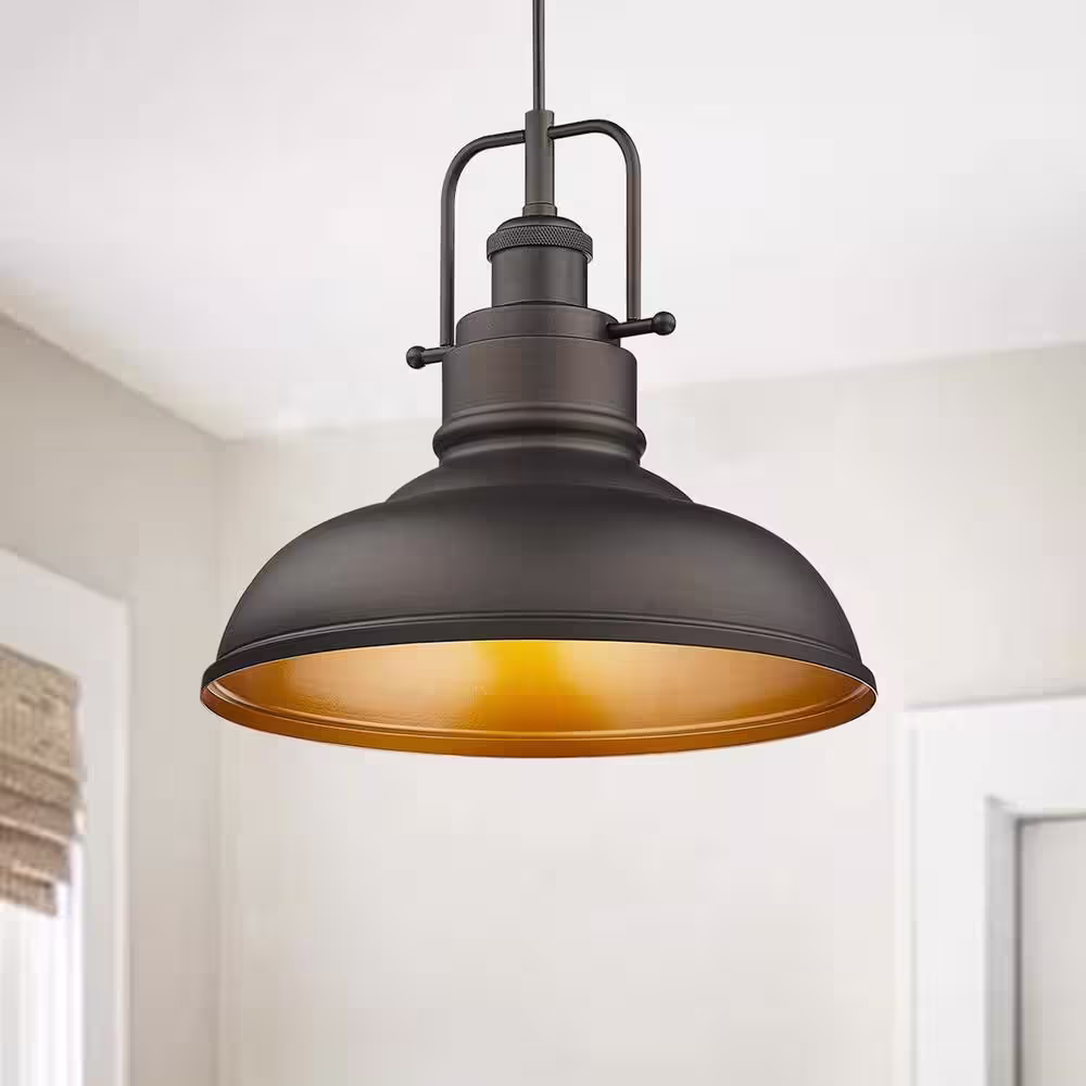 JAZAVA 11 in. 1-Light Oil Rubbed Bronze Industrial Pendant Light with Metal Shade
