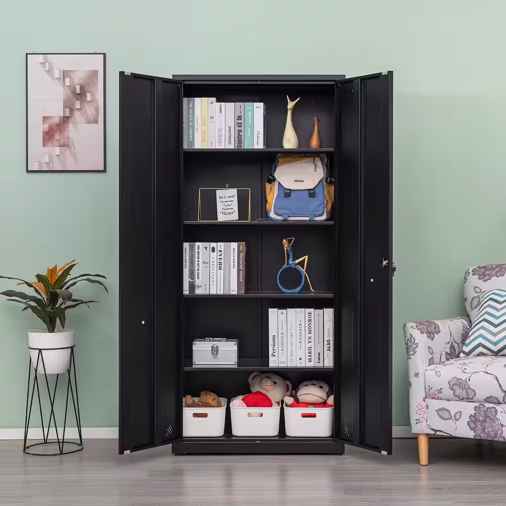None Black Metal Storage Cabinet with 2-Doors and 4 Shelves, Lockable Tall Cabinet for Home Office Garage Kitchen Pantry