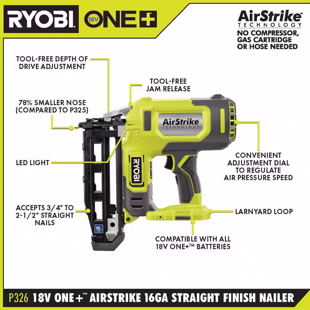RYOBI ONE+ 18V 16-Gauge Cordless AirStrike Finish Nailer with Cordless Multi-Tool (Tools Only)