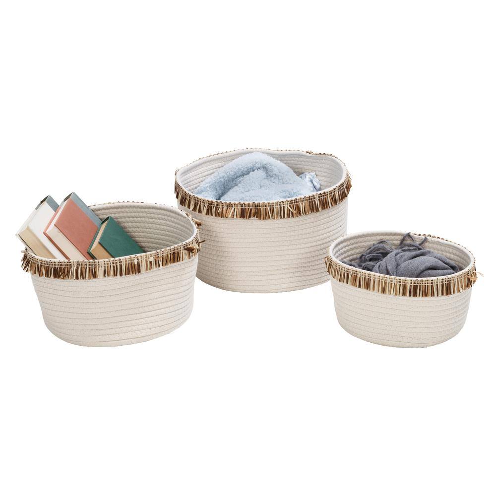 Honey-Can-Do White/Natural Nesting Cotton Rope Baskets with Fringe (Set of 3)