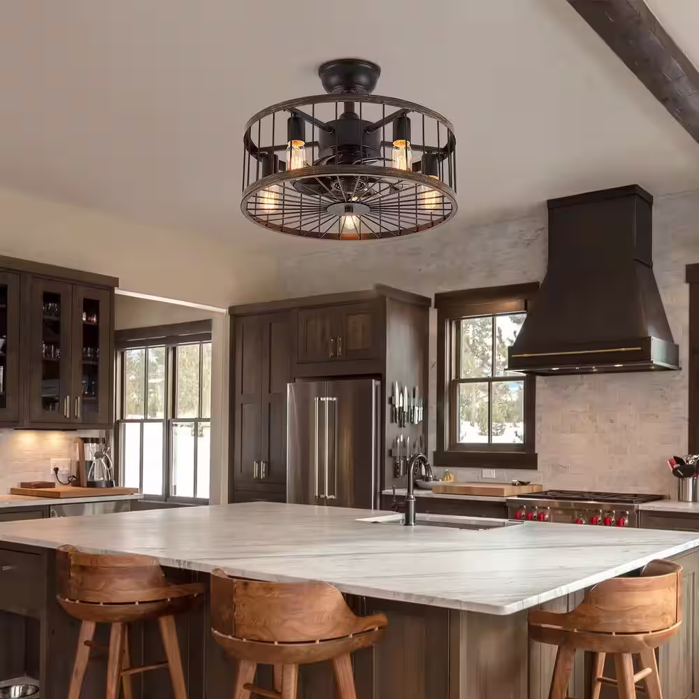 FANNEHONNE Calida 17.7 in Indoor Wood Cage Ceiling Fan with Light and Remote with Downrod for Low Ceiling File