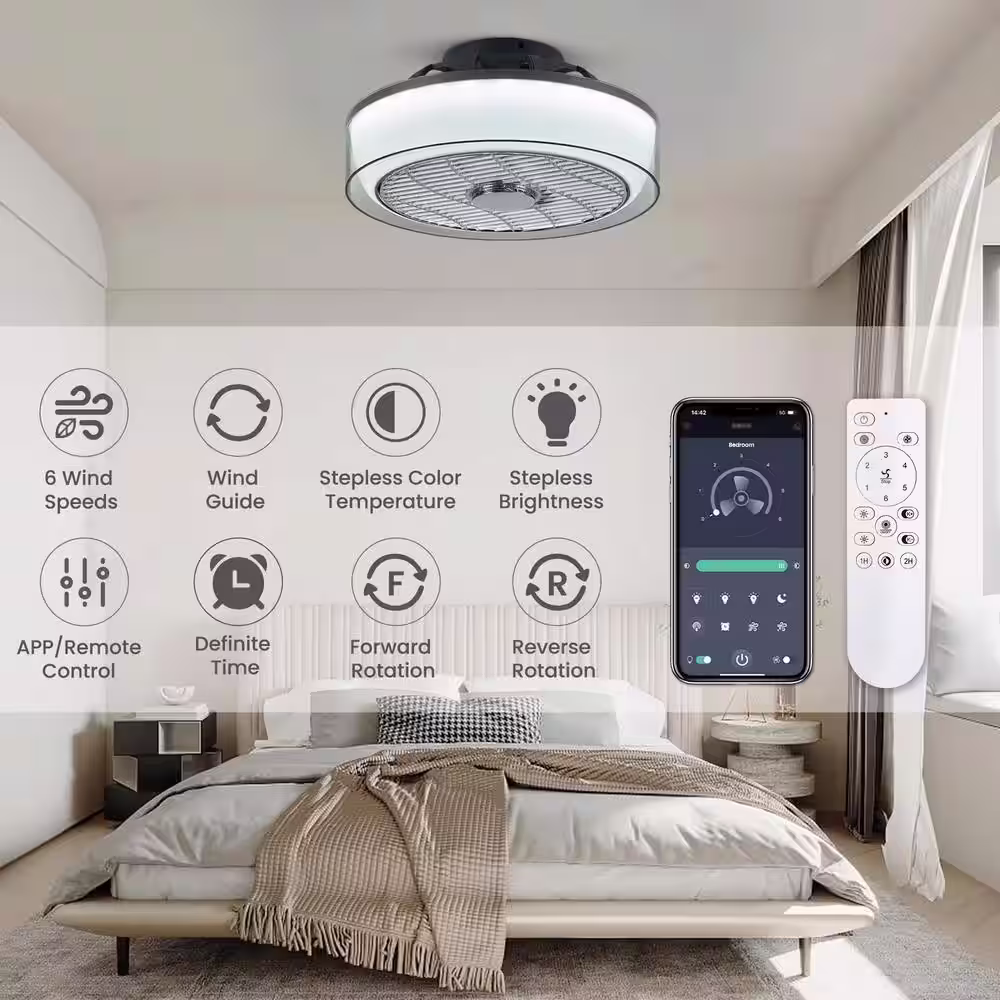 None 16 in. Indoor Smoky Gray Low Profile Ceiling Fan with Dimmable LED Light Flush Mount Bedroom Ceiling Fan with Remote