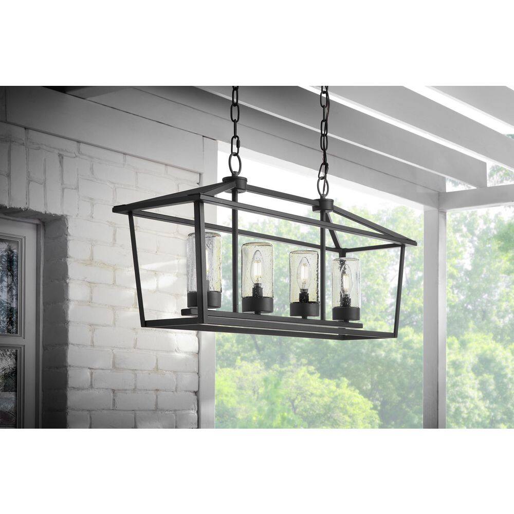 Home Decorators Collection Jill 4-Light Textured Black Linear Chandelier with Weather Zinc Clear Seedy Glass