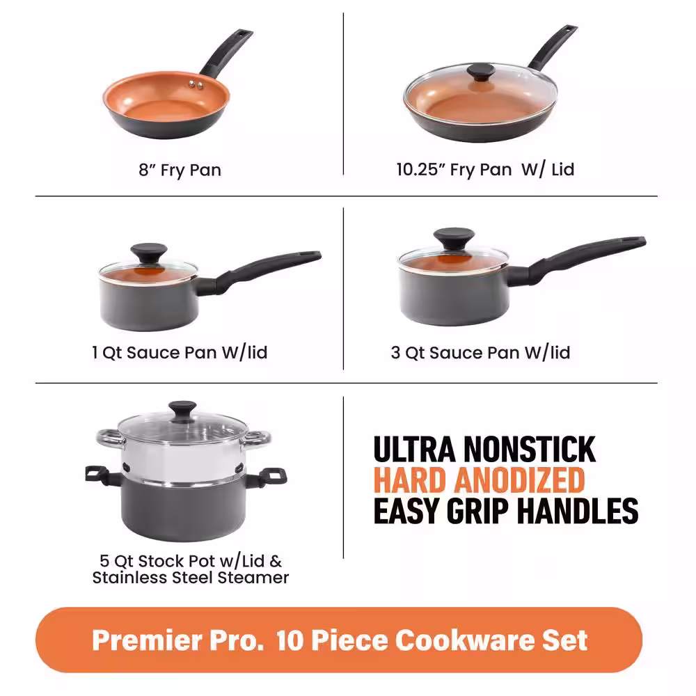 Gotham Steel Pro Premier Nonstick Hard Anodized Aluminum 10-Piece Cookware Set - Copper