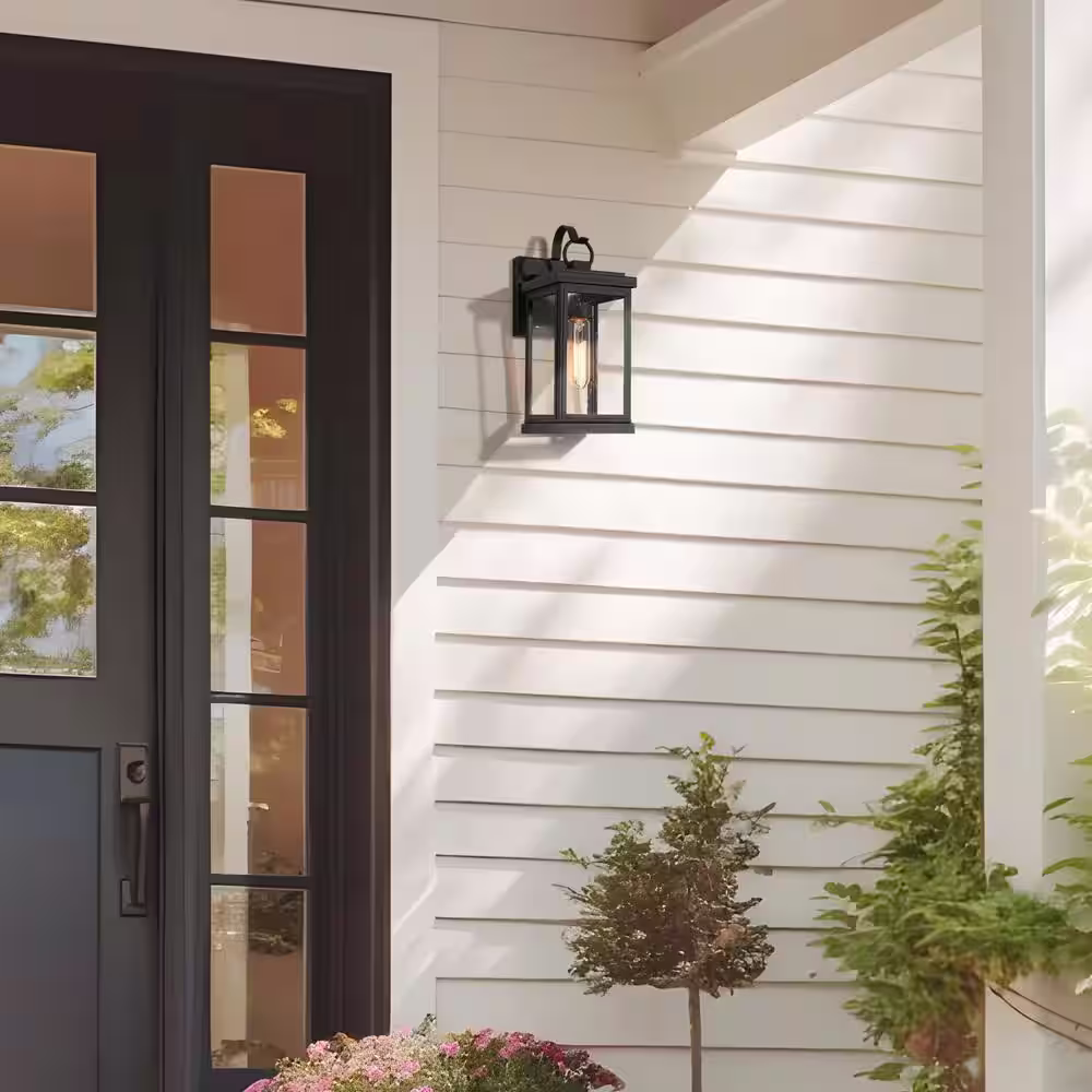 LNC Modern Matte Black 1-Light Outdoor Wall Light Classic Porch Sconce with Seeded Glass Shade Patios Exterior Wall Lamp