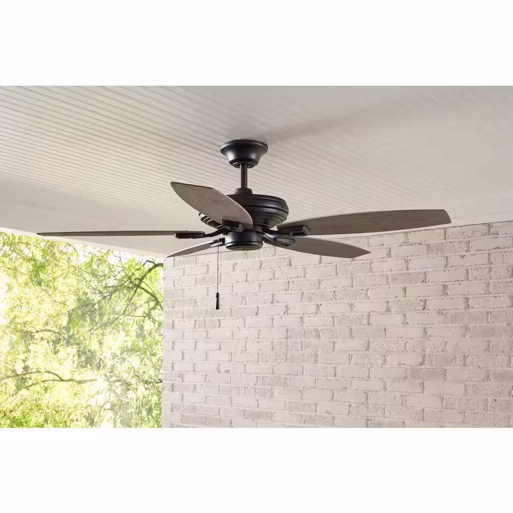 Hampton Bay North Pond 52 in. Indoor/Outdoor Matte Black Ceiling Fan with Downrod and Reversible Motor; Light Kit Adaptable