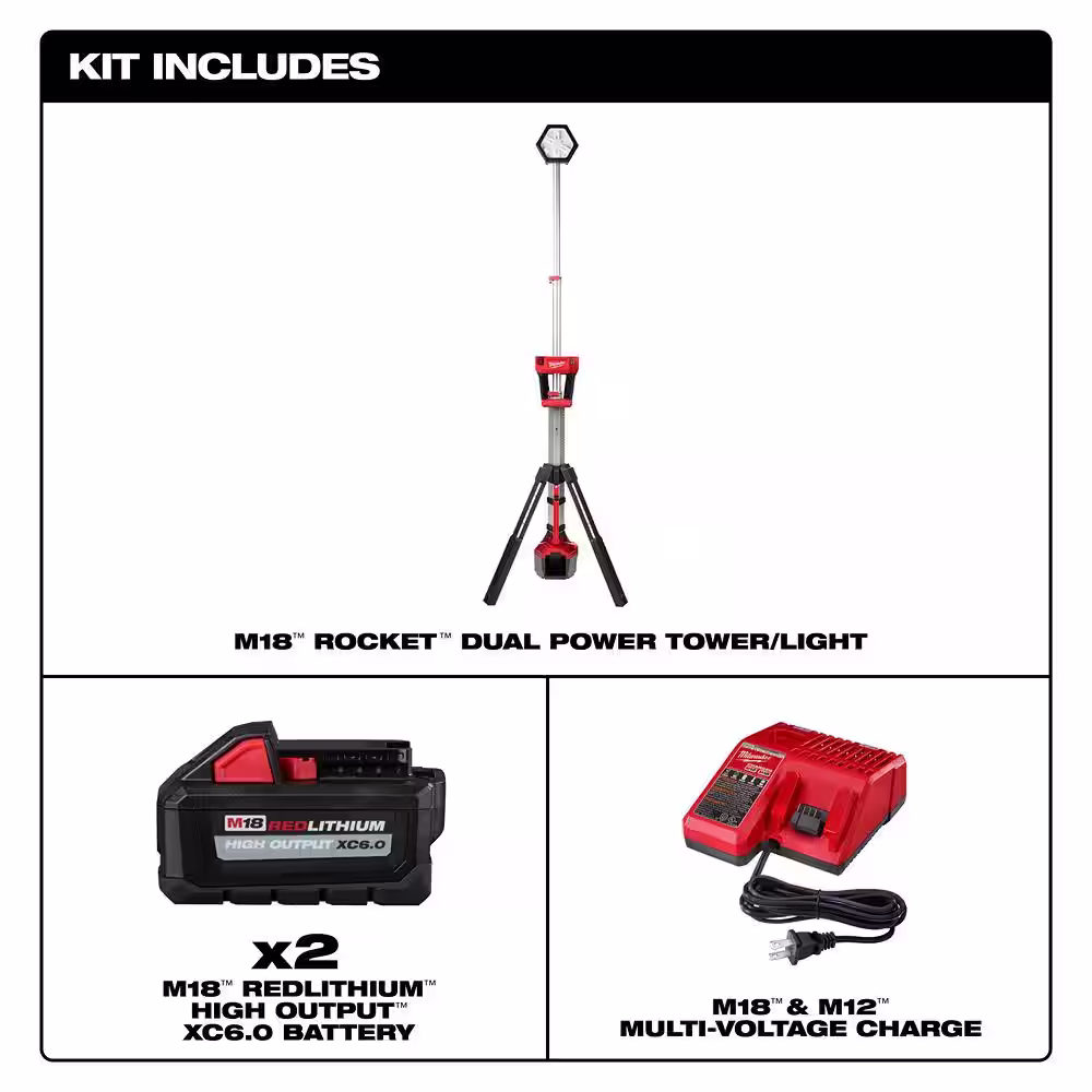 Milwaukee M18 18-Volt Lithium-Ion Cordless Rocket Dual Power Tower Light w/Two 6.0 Ah Battery and Charger