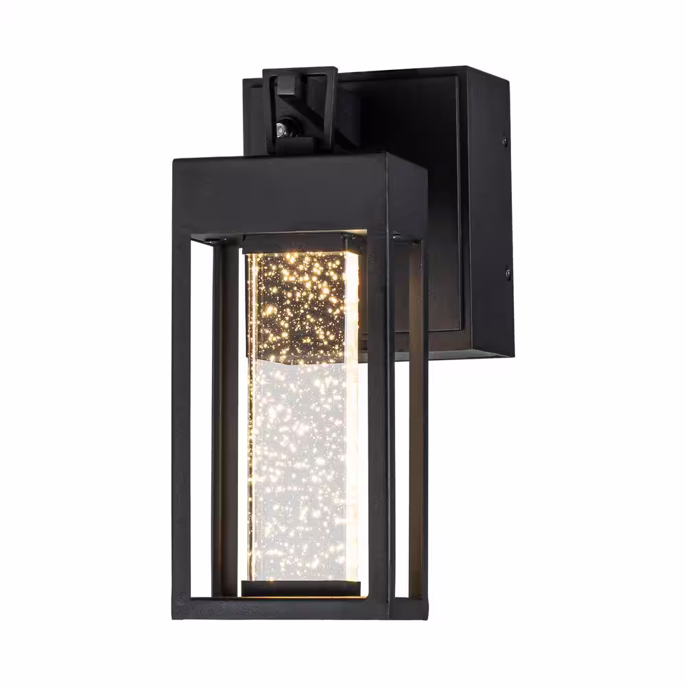 ALOA DECOR Modern LED Outdoor Matte Black Dusk to Dawn Sensor Wall Lantern Sconce with Seeded Glass and Built-in GFCI Outlets