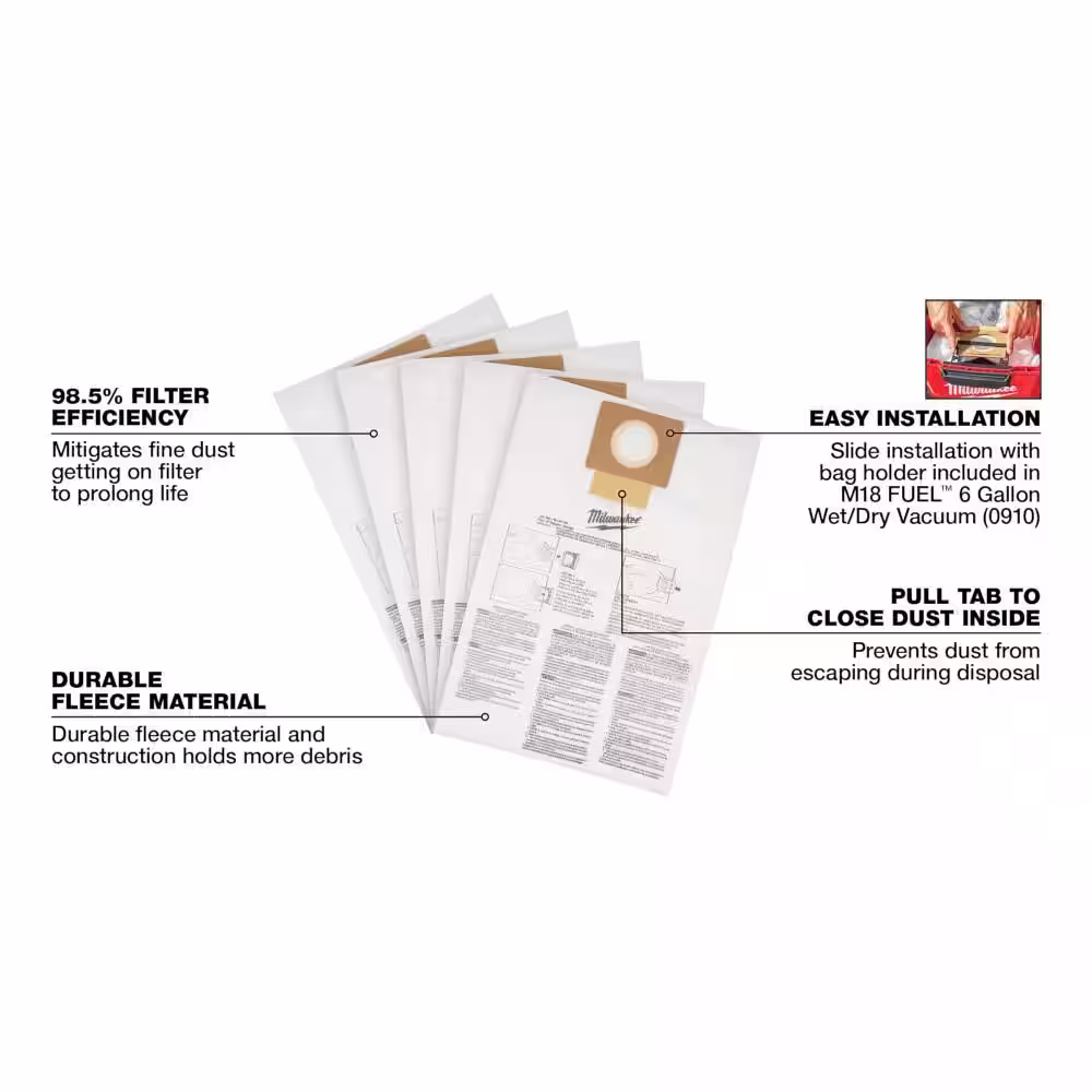 Milwaukee Fleece Dust Bags for 6 Gal. M18 FUEL Cordless Wet/Dry Shop Vacuums (5-Pack)