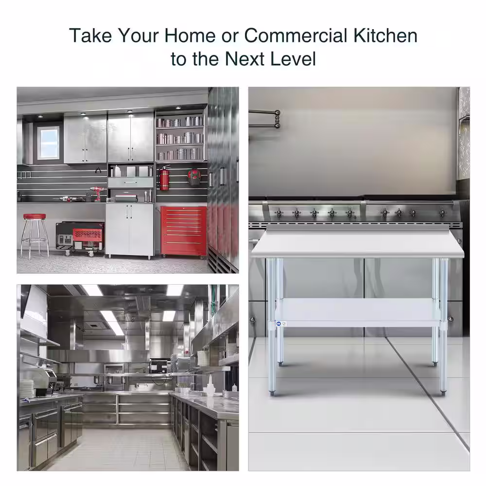 Merra 48 in. Silver Rectangle Console Table Kitchen Table with Adjustable Galvanized Undershelf and Stainless Steel Top