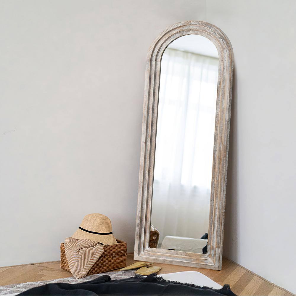 None 64 in. x 21 in. Rustic Arch Solid Wood Framed Steps White Full Length Leaning Mirror