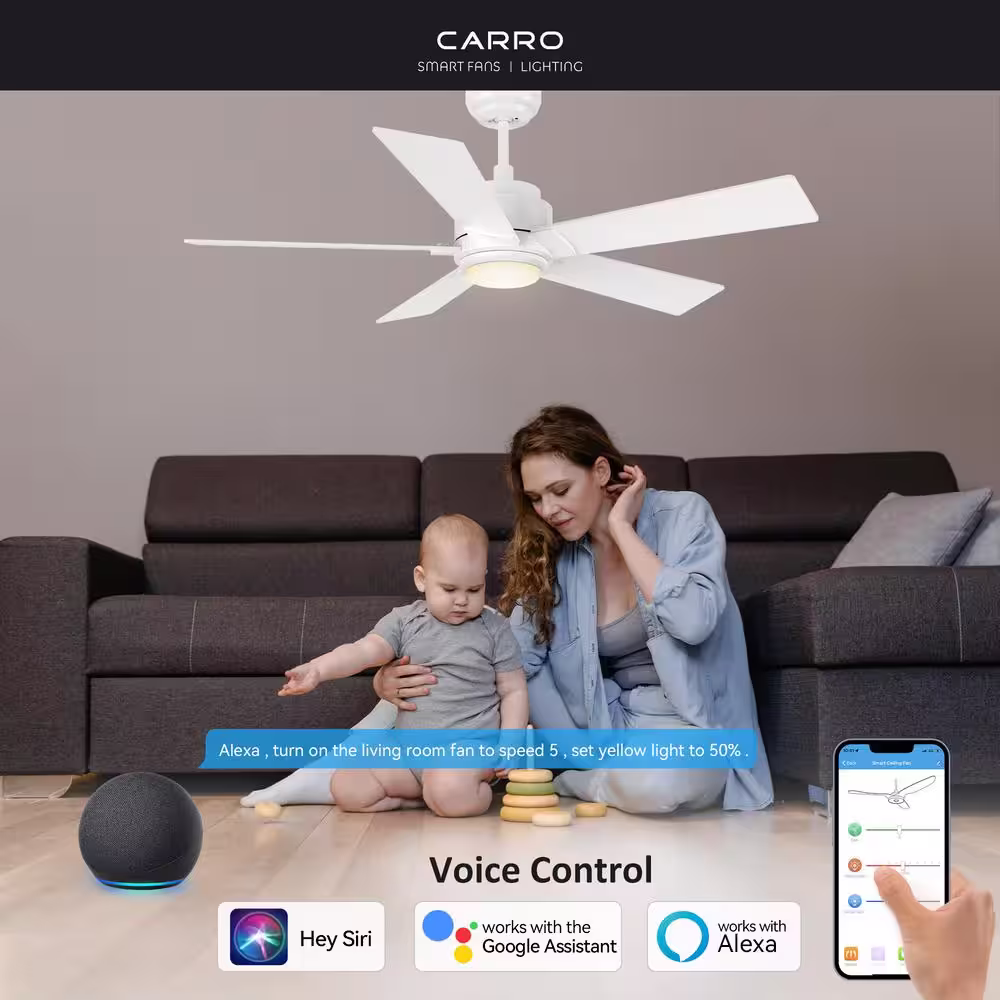 CARRO Aspen 52 in. Dimmable LED Indoor/Outdoor White Smart Ceiling Fan with Light and Remote, Works with Alexa/Google Home