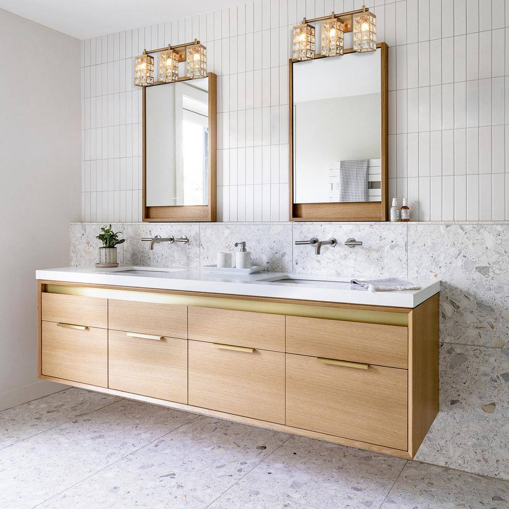 Parrot Uncle Modern Powder Room Bathroom Vanity Light, 20 in. 3-Light Gold Wall Sconce with Crystal Cuboid Shade