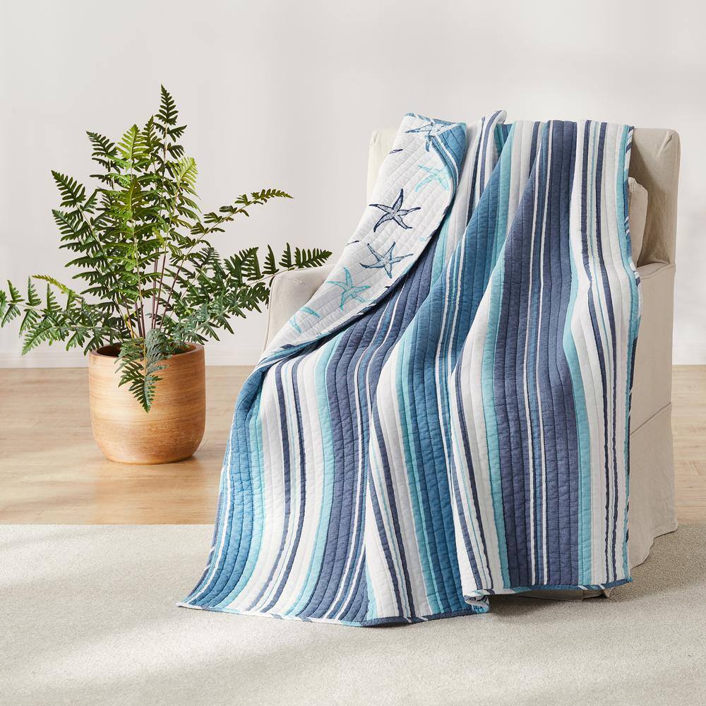 None Camps Bay Blue Stripe Coastal Quilted Cotton Throw Blanket