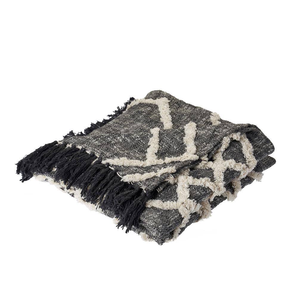 LR Home Norah Contemporary Black / White Cotton Over Tufted Geometric Throw Blanket