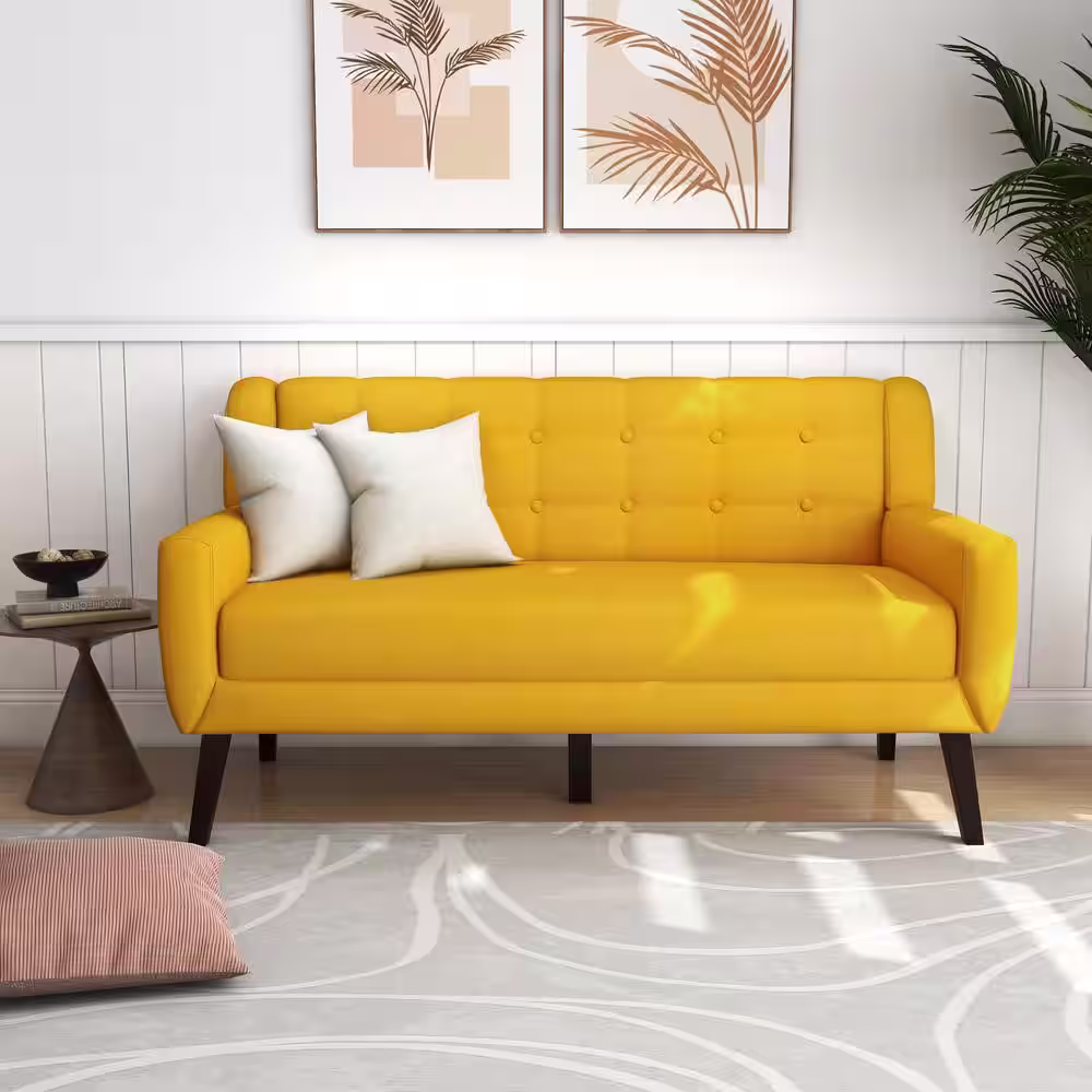 None 63 in.W Modern Straight Arm Linen Fabric Yellow Upholstered Button Loveseat Sofa With Two Pillows