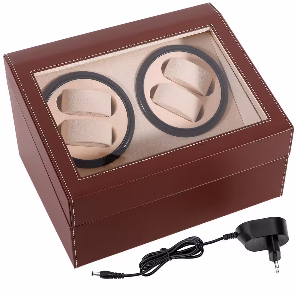 None Brown Leather Automatic Watch Winder 4 plus 6 Watch Storage Box