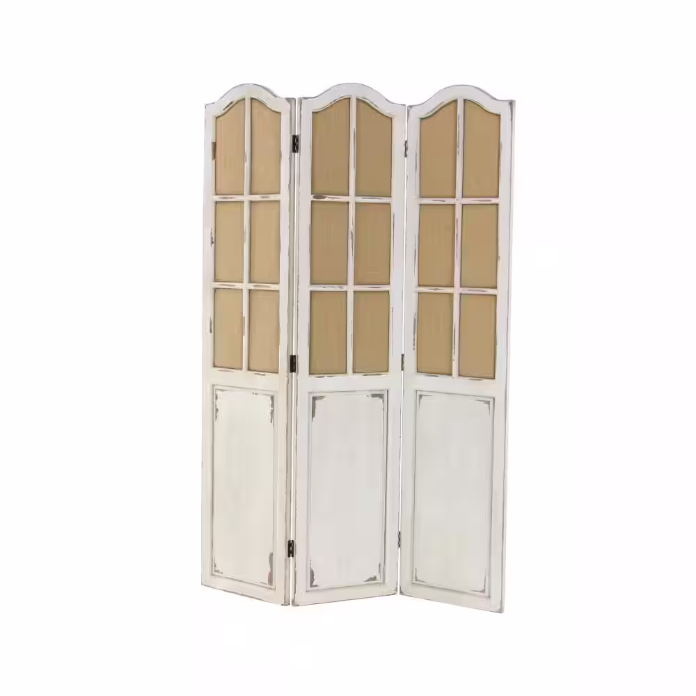 Litton Lane 4 ft. Hinged Foldable Partition Beige 3 Panel Room Divider Screen with Burlap Window Pane Design