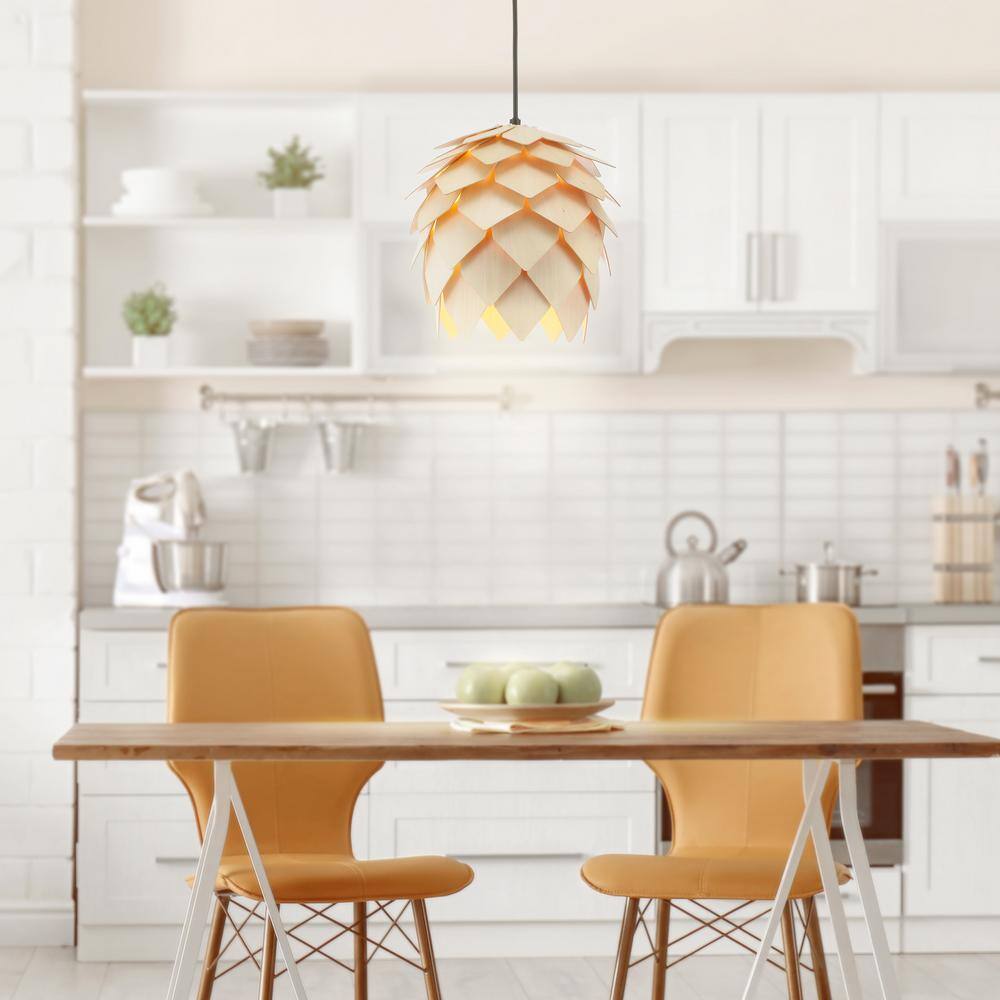 JONATHAN Y Simon 11.75 in. 1-Light Natural/Black Pinecone Wood LED Pendant