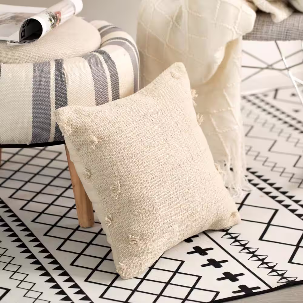 DEERLUX 16 in. x 16 in. Natural Handwoven Cotton Throw Pillow Cover with Drawstring with Filler