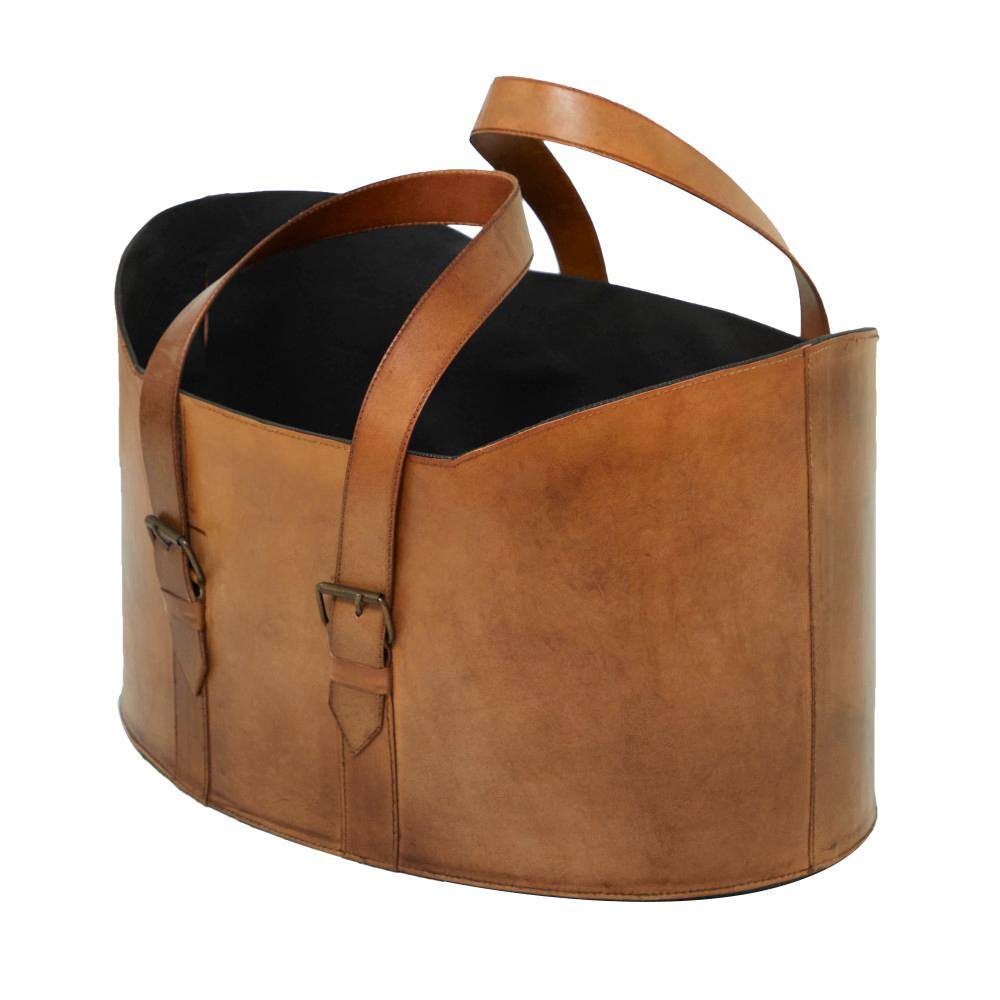 None Brown Handmade Box Style Standing Magazine Holder with Detail Stitching and Curved Handles (Set of 2)