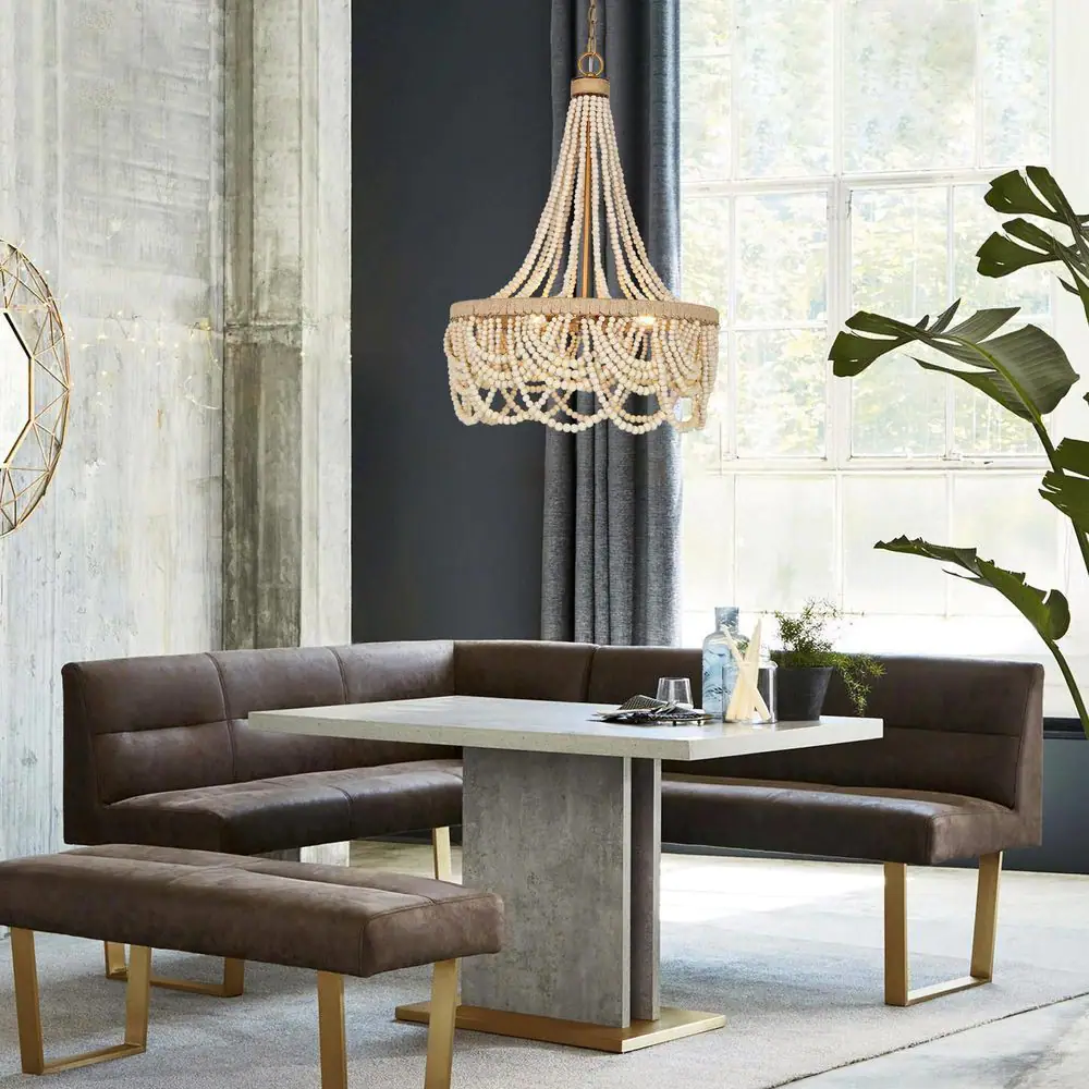 Uolfin Modern Farmhouse Empire Beaded Chandelier, 3-Light Antique Gold Transitional Boho Chandelier with Handmade Wood Beads